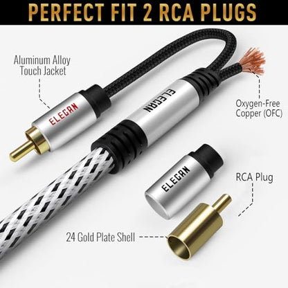 Premium RCA Cable 35 Ft (Hi-Fi Sound-16 AWG-Shielded) 2 RCA Male to 2 RCA Male Stereo Audio Cable, Gold Plated-Aluminum Alloy Shell-Pure Copper-Braided RCA Cord for Home Theater Speakers + Ties - size: 35FT