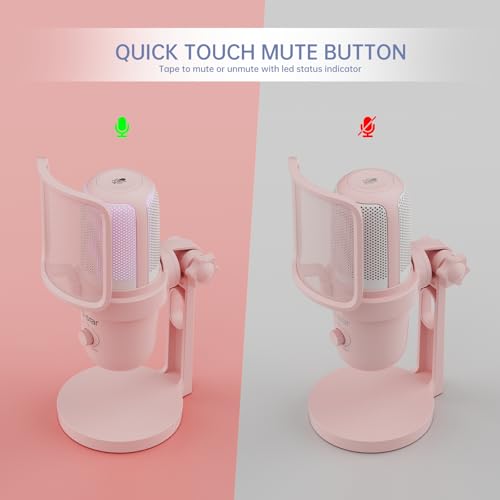 Pink USB Condenser Microphone for Gaming, PC Mic with 2 Pickup Patterns, RGB Light, Tap-to-Mute, 96KHz/24Bit for Streaming Podcast YouTube Recording, Plug & Play for PS4 PS5 Computer Accessories