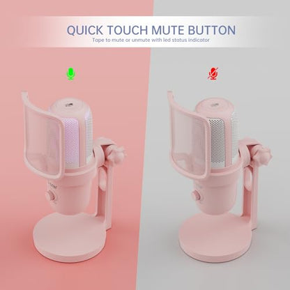 Pink USB Condenser Microphone for Gaming, PC Mic with 2 Pickup Patterns, RGB Light, Tap-to-Mute, 96KHz/24Bit for Streaming Podcast YouTube Recording, Plug & Play for PS4 PS5 Computer Accessories