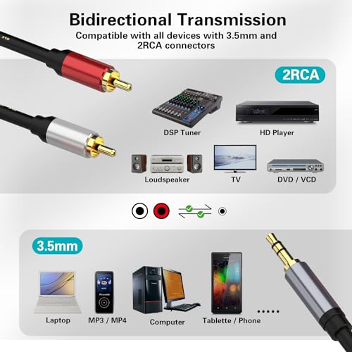 3.5mm to RCA Cable 3.3FT, 3.5mm to 2-Male RCA Auxiliary Stereo Audio Y Splitter Gold-Plated for Smartphones, MP3, Tablets, Speakers, Home Theater, HDTV (3.3FT/1M) - size: 1M/3.3FT, style: Straight