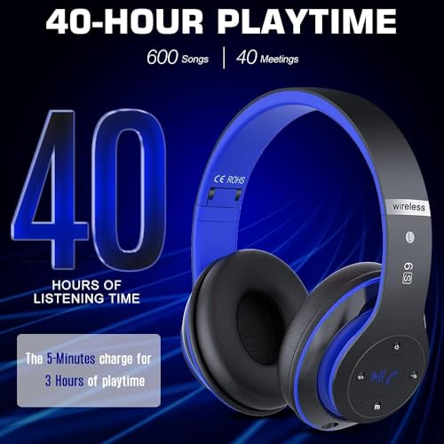 6S Bluetooth Headphones Over-Ear, Hi-Fi Stereo Foldable Wireless Stereo Headsets Earbuds with Built-in Mic, Volume Control, FM for iPhone/Samsung/iPad/PC (Blue) - color: Blue