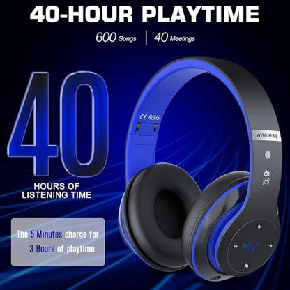 6S Bluetooth Headphones Over-Ear, Hi-Fi Stereo Foldable Wireless Stereo Headsets Earbuds with Built-in Mic, Volume Control, FM for iPhone/Samsung/iPad/PC (Blue) - color: Blue