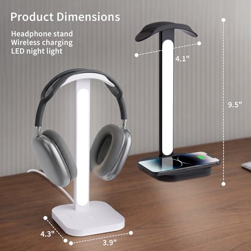 3-in-1 Headphone Stand with Wireless Charging Station and Desk Lamp, Headset Holder with Phone Charger, LED Desk Light for Gaming Setup, Office and Bedroom - color: Black