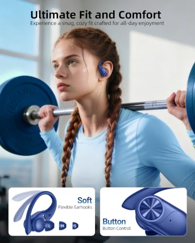 PocBuds Bluetooth Headphones Wireless Earbuds 80hrs Playtime Wireless Charging Case Digital Display Sports Ear Buds with Earhook Deep Bass IPX7 Waterproof Over-Ear Earphones for TV Phone Laptop Navy - color: Navy, style: Standard