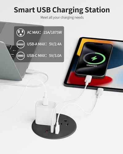 Desk Grommet, Dual-Sided Recessed Power Strip, 4 Outlets 3 USB (2 USB-C) | Flush mount desktop charging station, essential workspace desk outlet. 6.5FT flat plug extension cord, home office, black