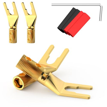 4PCS Spade Connector,45 Degree Pure Copper Audio Fork Y Spade Plug DIY with Heat Shrink Tubing and Hex Wrench,Double Screw Locking Speaker Cable Plug for Speaker Cables (Knurled Gold Plated) - color: Gold Plated Knurled Style