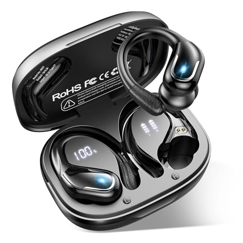 Ltinist Wireless Earbud, Bluetooth 5.3 Headphones Pure Bass Sound with Earhooks, 75H Battery Over Ear Headphones with Dual-LED Display, IP7 Waterproof Earphones Built-in Microphone for Running Sports - color: carbon black