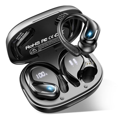Ltinist Wireless Earbud, Bluetooth 5.3 Headphones Pure Bass Sound with Earhooks, 75H Battery Over Ear Headphones with Dual-LED Display, IP7 Waterproof Earphones Built-in Microphone for Running Sports - color: carbon black
