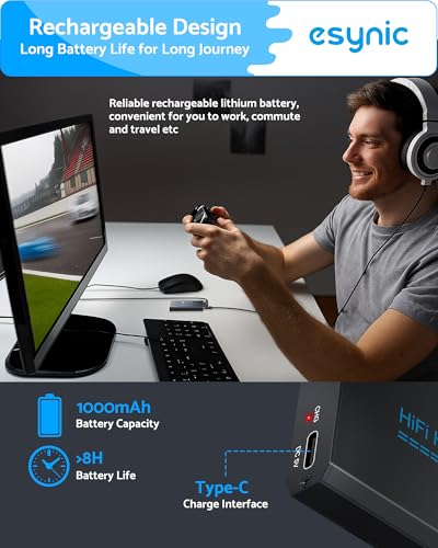 eSynic 16-600Ω Bass Headphone Amp Portable - HiFi 3.5MM Audio Headphone Amplifier Rechargeable with Bass Switch-Aluminum Alloy Case &12H Playtime-0.005% THD for MP3/Phone/PC/Laptop/Car (3.5mm AUX)