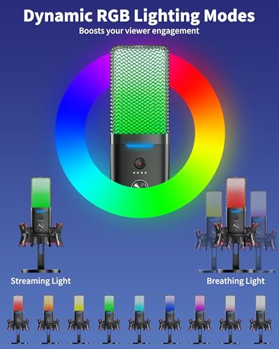 Dual Mode Wireless USB Microphone with Noise Cancellation for iPhone PC | Real-Time Monitoring, Cardioid Capture, RGB Gaming Mic for ASMR, Laptop, Computer, PS5, Streaming, Content Creation Recording