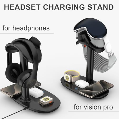 Airpod Max Charger Stand with 15w Wireless Charger, Suguder 4 in 1 Headset Holder for Apple Accessories Charging with AirPods Max/Pro/iWatch/iPhone/Vision Pro, Headphones Stand for Desk Organizer