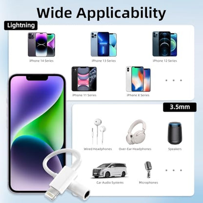 [MFi Certified] 2 Pack Lightning to 3.5mm Headphone Jack Adapter, Lightning to 3.5mm Adapter for iPhone 15/14/13/12/11/X/XS/8/7, Compatible with Headphones, Earbuds & Audio Devices