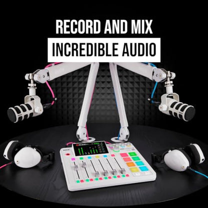 Rode RODECaster Pro 2 White Bundle with 4x PodMic Dynamic Mics, 4 PSA1+ White Boom Arms, 4 Cans50 Headphones, XLR Cables — 9-Channel APHEX Console for Podcasting, Streaming