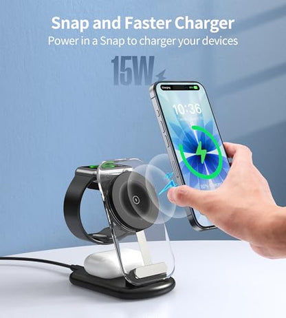3 in 1 Magnetic Wireless Charging Station for Apple Devices | Fast Foldable Travel Charger Stand with Night Light for Mag-enabled iPhone 17 16 15 14 13 12 Series, Apple Watch/AirPods Pro - color: Upgraded Black