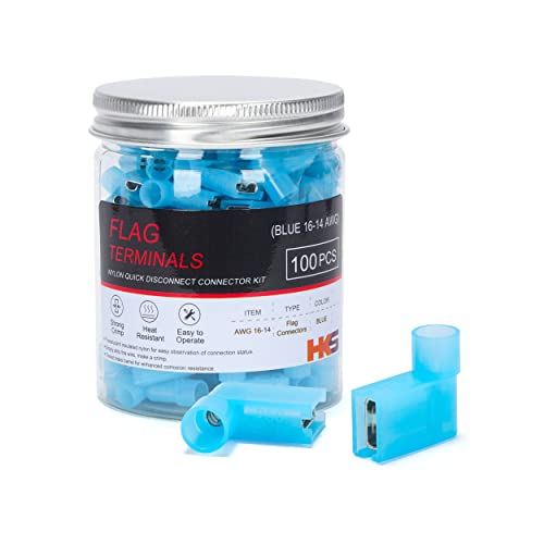 HKS 100 PCS Flag Spade Terminals 90 Degree Female - Blue 16-14 AWG - Nylon Quick Disconnect Wire Connector - Right Angle - Crimp Insulated - color: 100PCS Blue