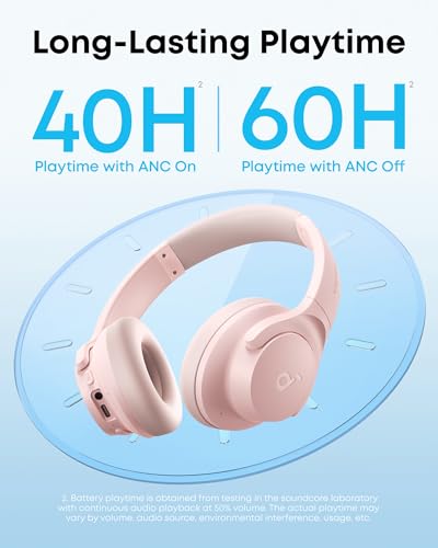 Soundcore by Anker Q20i Hybrid Active Noise Cancelling Headphones, Pink | Over-Ear, Bluetooth, 40H ANC Playtime, Hi-Res Audio, Big Bass, Transparency Mode, Customize via App, Travel, Home, Office - color: Pink