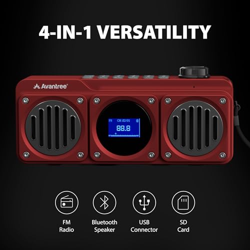 Avantree BoomByte - Portable FM Radio & Bluetooth Speaker with Stereo Sound | Long Rechargeable Playtime, Micro SD Card & USB Audio Input, MP3 Player, Metal Finish, Easy to Use, Red - color: Red