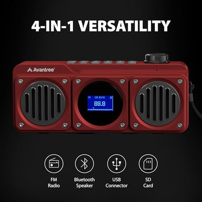Avantree BoomByte - Portable FM Radio & Bluetooth Speaker with Stereo Sound | Long Rechargeable Playtime, Micro SD Card & USB Audio Input, MP3 Player, Metal Finish, Easy to Use, Red - color: Red