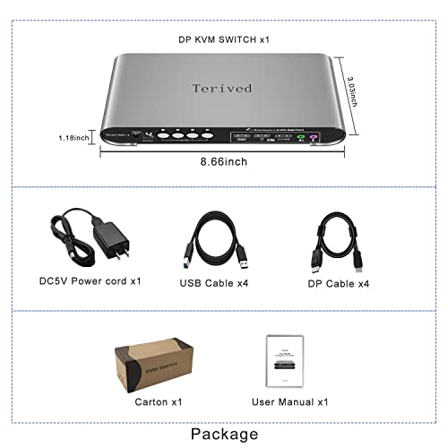 4 Computers 1 DP Monitor Automatic KVM Switch 4K@144Hz 8K30Hz with Complete Cable Set, Hotkey Switching, Support Audio Microphone and USB Hub, Aluminum Alloy Shell, Digital Display, HDR10 - style: 4 Computers 1 DP Monitor USB 3.0