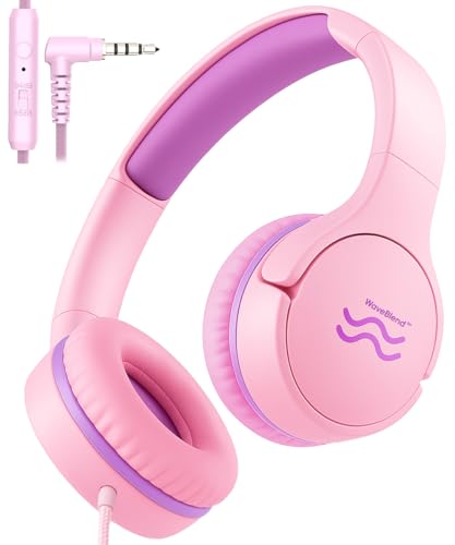 Wired Kids Headphones with Mic, 85/94dB Safe Volume Control, Foldable On-Ear Headset for School, Travel, Tablet & Laptop, 3.5mm Jack, Pink & Purple - color: PinkPurple