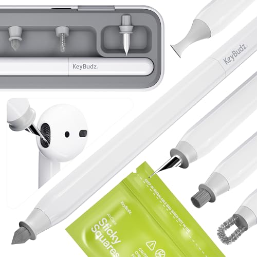 KeyBudz Air Care 2.0 AirPods Cleaning Kit - Patented Multi-Tool Cleaner with Interchangeable Brush Tips for AirPods, iPhone and Apple Devices with Sticky Squares Putty, Hard Case and Travel Pouch