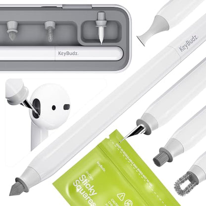 KeyBudz Air Care 2.0 AirPods Cleaning Kit - Patented Multi-Tool Cleaner with Interchangeable Brush Tips for AirPods, iPhone and Apple Devices with Sticky Squares Putty, Hard Case and Travel Pouch