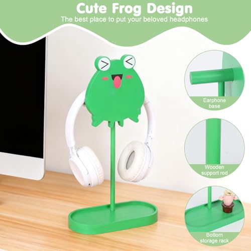 Frog Cute Headphone Stand with Storage Tray, HSSZXFR Decorative Wooden Headphone Stand Hanger with Cable Holder, Desk Decor Gaming Gifts for Player Girlfriend Office Worker, Headset Holder Accessories