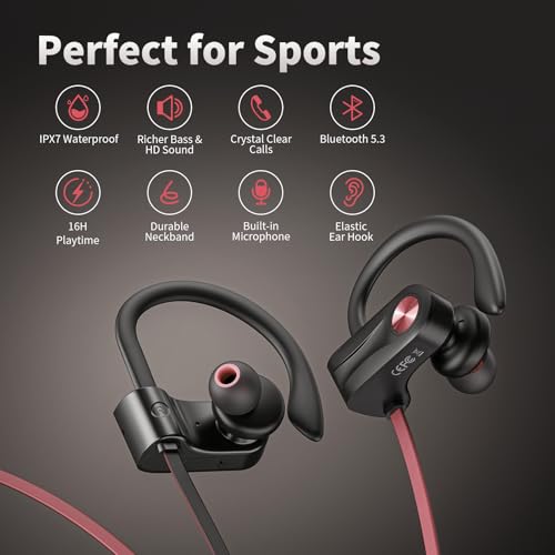 JOYWISE Wireless Bluetooth 5.3 Wireless Headphones with 16Hrs Long Playtime Stereo IPX7 Waterproof in-Ear Earphones, Noise Cancelling Headphones for Running, Black&Pink - color: Pink