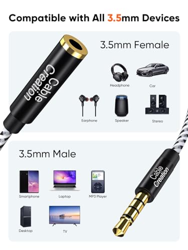 CableCreation 3.5mm 헤드폰 연장 케이블 6피트/1.8m, 4Pole TRRS Aux 코드 | 휴대폰, 헤드폰, 스피커, 태블릿, PC, MP3 플레이어, 노트북용 마이크가 있는 1/8 스테레오 오디오 케이블, 블랙 - size: 6FT