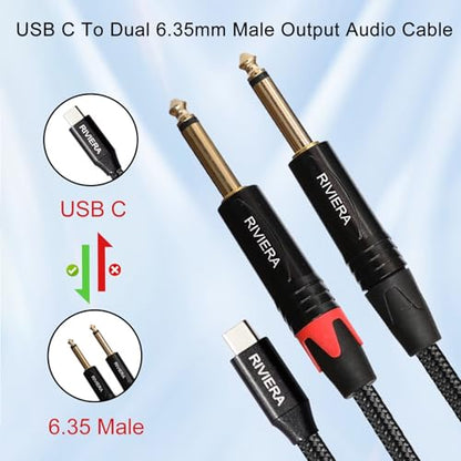 RIVIERA Audio Cable USB C to 6.35mm 1/4" TS, 6FT/1.8M - color: usb-c to Dual 1/4, size: 6 Feet