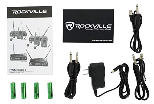 Rockville RWM81U Dual UHF Headset & Guitar Wireless Microphone System, LCD | XLR and 1/4in Output, Two Channel, Cardioid, 300-400ft Range, 10 Hour Battery, Metal Housing, Auto Sync, Volume Controls