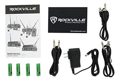 Rockville RWM81U Dual UHF Headset & Guitar Wireless Microphone System, LCD | XLR and 1/4in Output, Two Channel, Cardioid, 300-400ft Range, 10 Hour Battery, Metal Housing, Auto Sync, Volume Controls