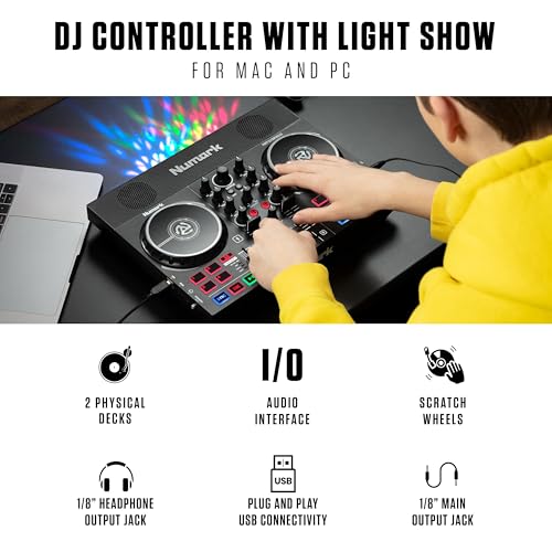Numark Party Mix Live DJ Controller with Built-in Lights and Speakers | 2-Decks, 2 Filter FX Knobs, DJ Mixer, Touch-Capacitive Wheels, Integrated Audio Interface, and Serato DJ Lite - style: PARTYMIX LIVE