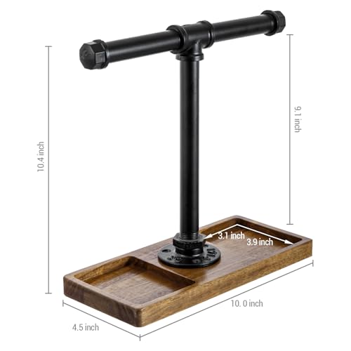 MyGift Premium Acacia Solid Wood and Industrial Black Metal Pipe T-Bar Over Ear Headphones Holder, Tabletop Dual Headphone Display Stand with Accessories Tray - color: Natural Acacia Wood & Black Metal