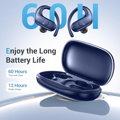 Sport Wireless Earbuds,60Hrs BT5.4 ENC IPX7 Waterproof Earhooks Deep Bass | 14.2mm drivers deliver rich stereo sound. Soft silicone ensures a secure, painless fit for long workouts. - color: Blue