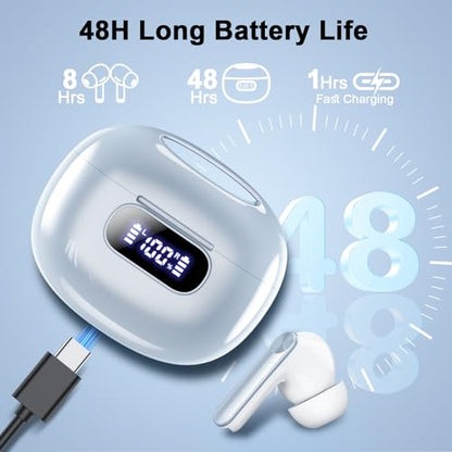 Wekily Wireless Earbuds, Bluetooth 5.3 Headphones with LED Power Display, 2025 New Wireless Earphones, HiFi Stereo,4 ENC Noise Cancelling Mic, 48H Playtime Mini Case IP7 Waterproof for iOS Android - color: Azure