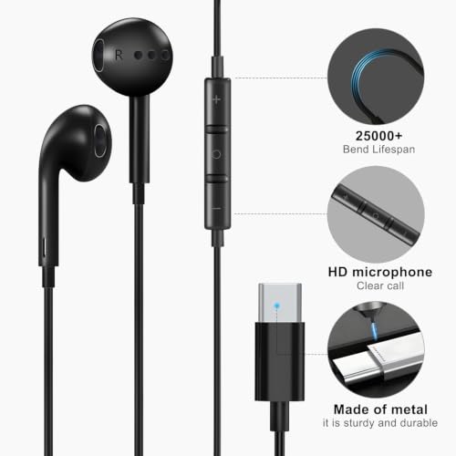 esbeecables USB C 헤드폰 유선, 마이크 및 리모컨 포함 타입 C 이어폰 2팩, 노이즈 캔슬링 인이어 이어버드, 아이폰 17/16/15 프로 맥스, 삼성 S25, 아이패드, 맥북, 픽셀과 호환 (블랙) - color: 블랙.