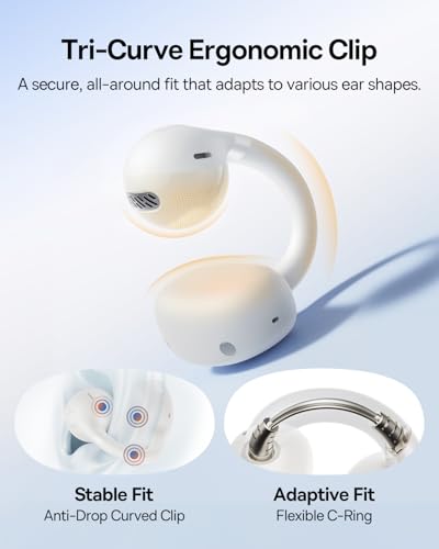Baseus Bass BC1 Open Ear Earbuds Clip-On Headphones, Open-Ring Comfort with Tri-Curve Snug Clip, Powerful Sound with SuperBass, 4-Mic Clear Calls, IP55 Waterproof, 38H Playtime, Lightweight - color: Starlight White
