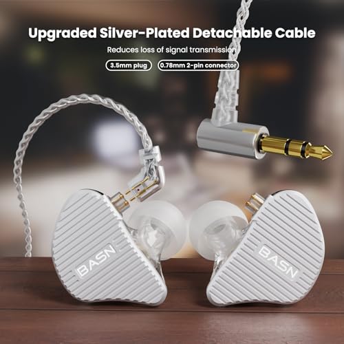 BASN Mix-PD in Ear Monitor,Planar Driver+Dynamic Driver 2-Pin Cable,Silver | Two Mixed Drivers IEM with CNC Crafted Metal Cover, Wired Detachable 0.78mm 2-Pin Silver Plated OFC Cable for Musicians - color: Silver