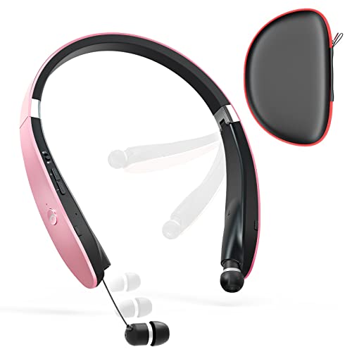 Foldable Bluetooth Headphones, Wireless Neckband Headset with Retractable Earbuds, Noise Cancelling Stereo Earphones with Carrying Case for Sports & Exercise (Gold) - color: Gold