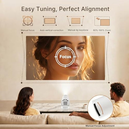 Mini Projector with Wi-Fi and Bluetooth, 1080P Portable Projector with 5W Speaker, Auto Vertical Keystone & 180° Rotatable, 200 ANSI Movie Projector for Outdoor Bedroom