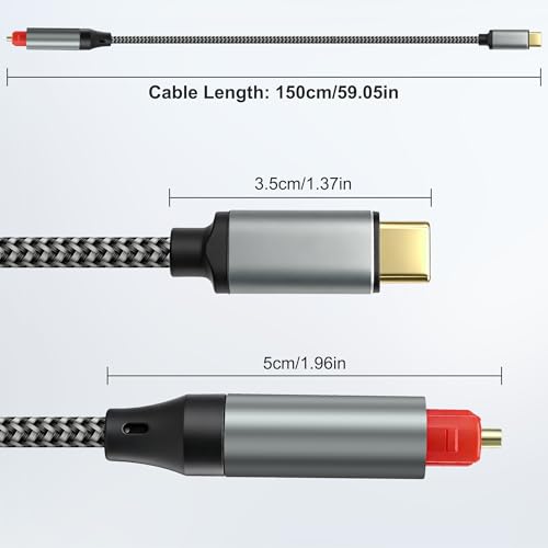 MEIRIYFA USB C to Toslink Optical Audio Cable, Unidirectional USB Type C Male to TOSLINK SPDIF Port Male Fiber Optic Adapter Cable for Computer, Laptop, Soundbar, Hi-Fi Sound Systems (Silver, 1.5M)
