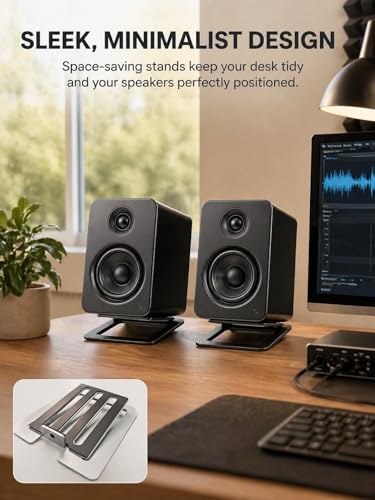 U-Z2 【2PACK】 Desktop Speaker Stands Pair for Small Speakers, Tilted Steel Tabletop Stands with Foam Padding, Fits Compact Studio Monitors, Computer Speakers (A/Black) - color: A/Black