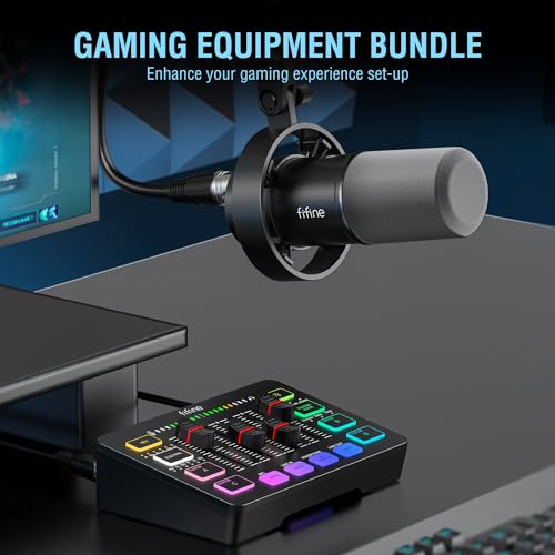 FIFINE Gaming Audio Mixer and XLR/USB Dynamic Microphone Bundle, Streaming 4-Channel RGB Mixer with XLR Microphone Interface,48V Phantom Power for Game, Voice, Podcast, Recording, YouTube (SC3+K688)