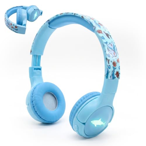 Kids Safe Wireless Light Up Headphones, Foldable Tangle-Free 3.5mm Jack, Volume Limiting 85/94dB, Over-Ear with Microphone for School/Toddlers/Teens/Boys/Girls/Ipad/Tablet/Kindle/Phones/Travel/Plane - color: Blue