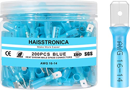 haisstronica 200PCS Heat Shrink Spade Connectors, 16-14 AWG, Male, Blue - color: Blue, size: AWG 16-14 Male 200PCS