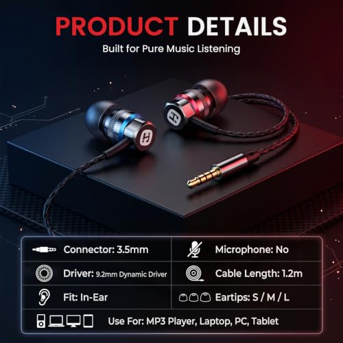 HIFI WALKER A2 3.5mm Wired Earbuds No Mic, in-Ear Headphones with 9.2mm Dynamic Driver, Hi-Fi Sound, Aluminum Alloy Shell, Noise-Isolating Earphones for MP3 Players, Laptop, PC and Tablet - size: 3.5mm No Mic