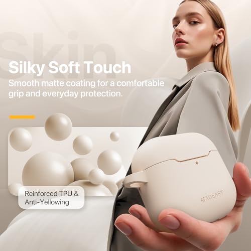 MAGEASY Skin Case for AirPods 4 (2024) with Carabiner Clip, Shockproof Protective TPU AirPods 4th Generation Cover, Stain-Resistant, Smooth Soft-Touch, Wireless Charging Compatible (Desert Green) - color: Desert Green, size: AirPods 4