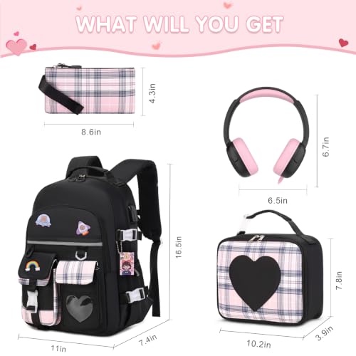 ACESAK Girls Backpack with Headphones, Insulated Lunch Box & Pencil Case | Girls School Backpack with 3.5mm Wired Headphones for School Bookbag Schoolbag Set Back To School Gift, Black - color: Black