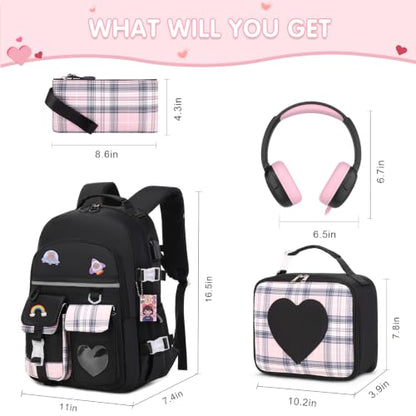 ACESAK Girls Backpack with Headphones, Insulated Lunch Box & Pencil Case | Girls School Backpack with 3.5mm Wired Headphones for School Bookbag Schoolbag Set Back To School Gift, Black - color: Black